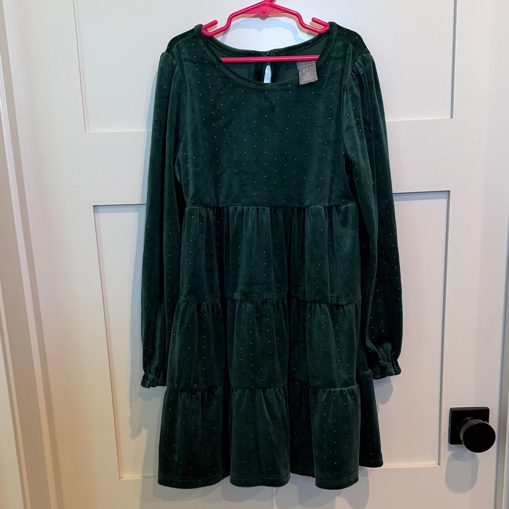 Tahari Girls Dark Green Velvet Tiered Dress